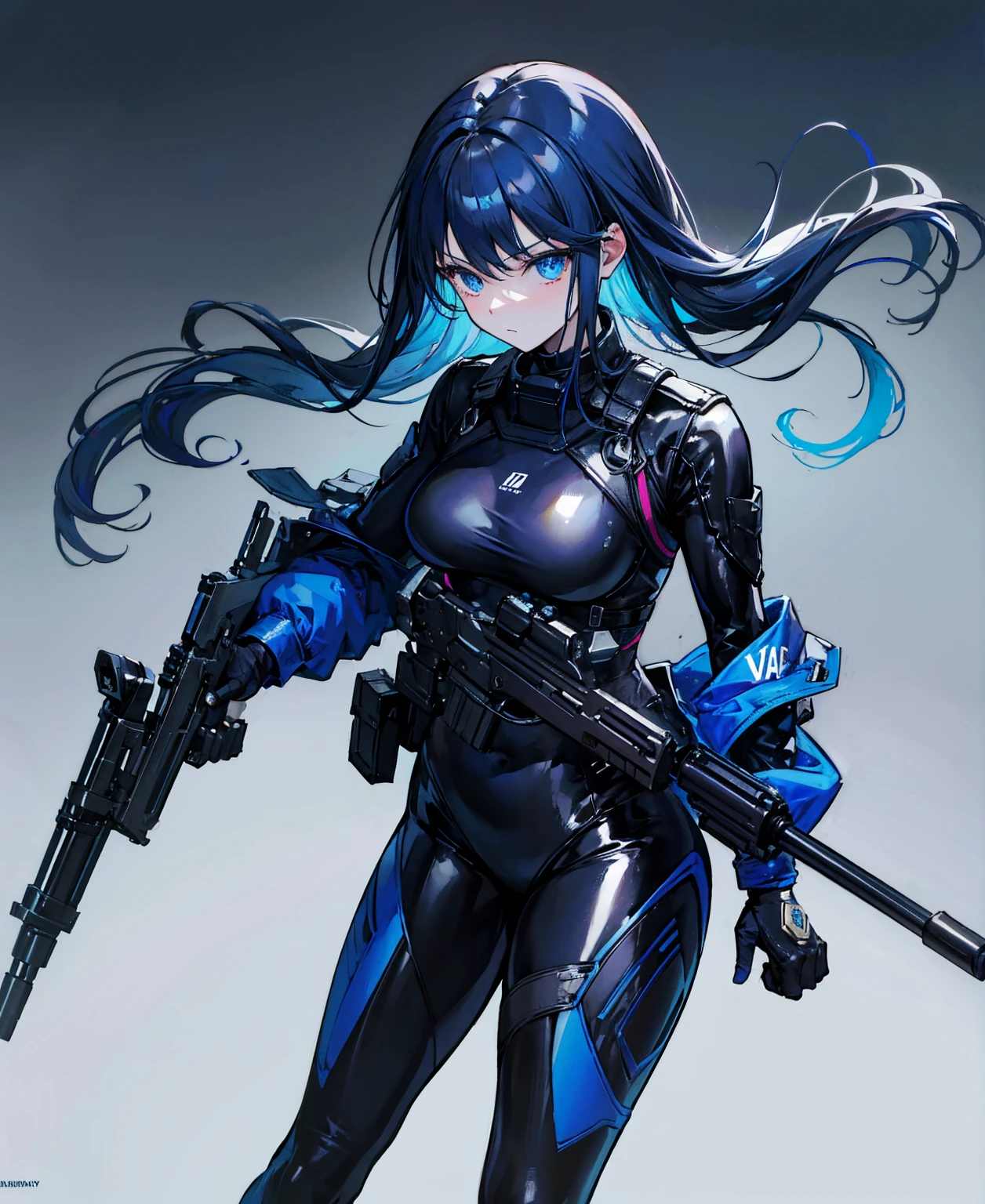 There is no background，girl，Carry a firearm，Patent leather tight suit，Use of firearms，Navy blue long hair，attention arousal，Blue colored eyes,No gradients
