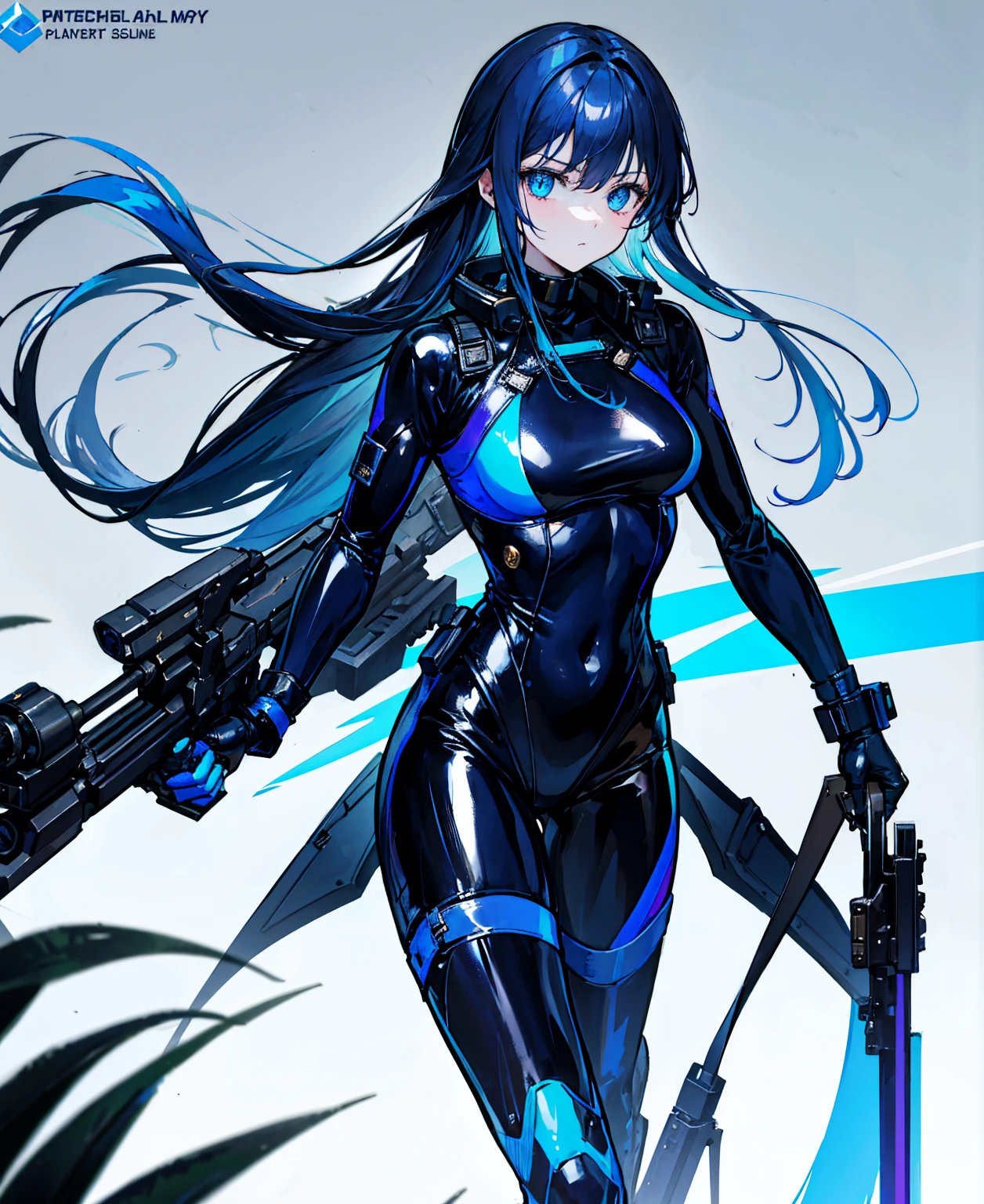 There is no background，girl，Carry a firearm，Patent leather tight suit，Use of firearms，Navy blue long hair，attention arousal，Blue colored eyes,No gradients