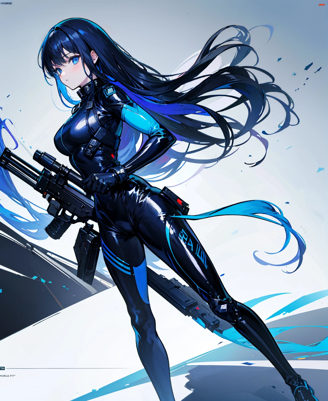 There is no background，girl，Carry a firearm，Patent leather tight suit，Use of firearms，Navy blue long hair，attention arousal，Blue colored eyes,No gradients