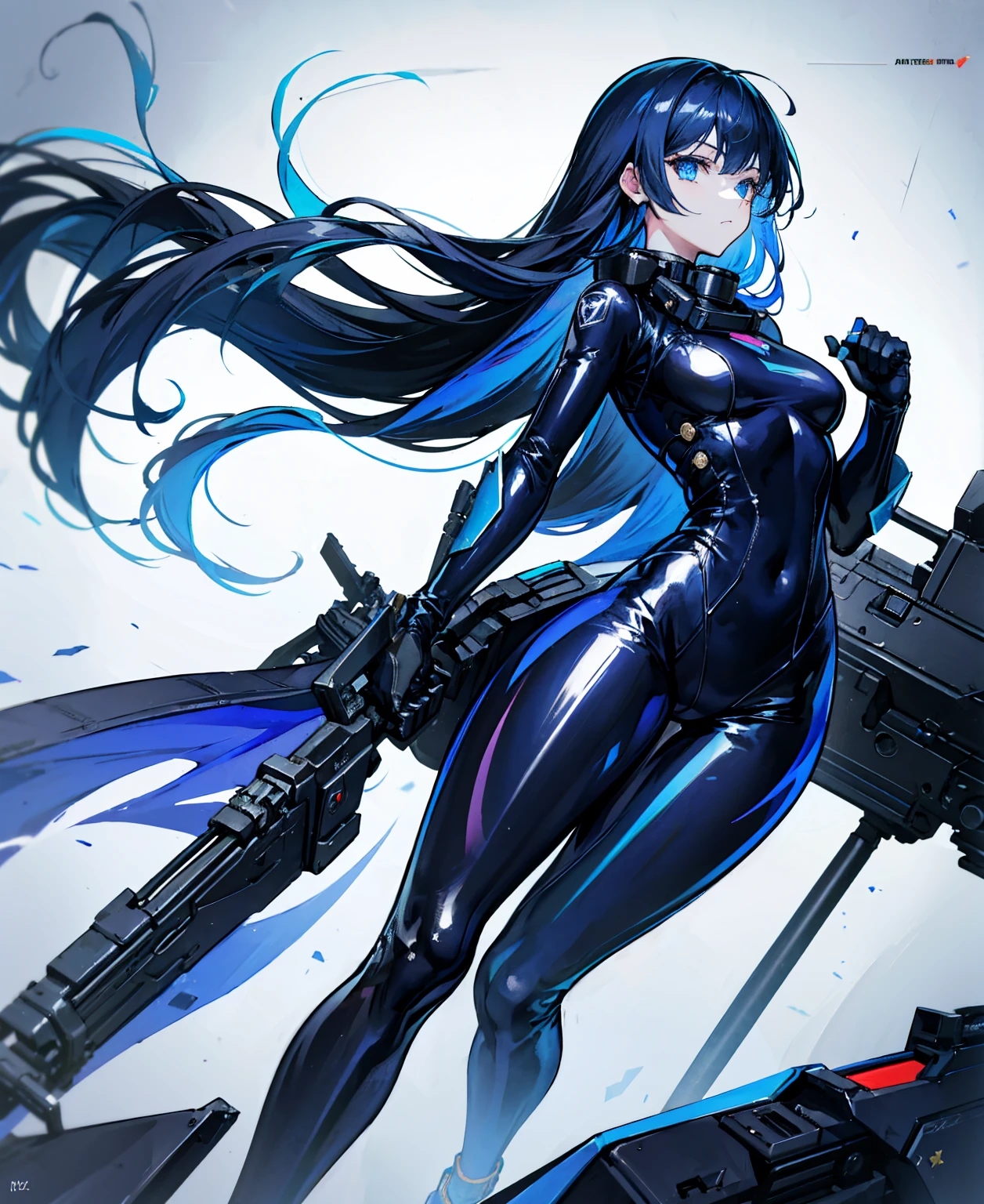 There is no background,girl,Carry a firearm,Patent leather tight suit,Use of firearms,Navy blue long hair,attention arousal,Blue colored eyes,No gradients