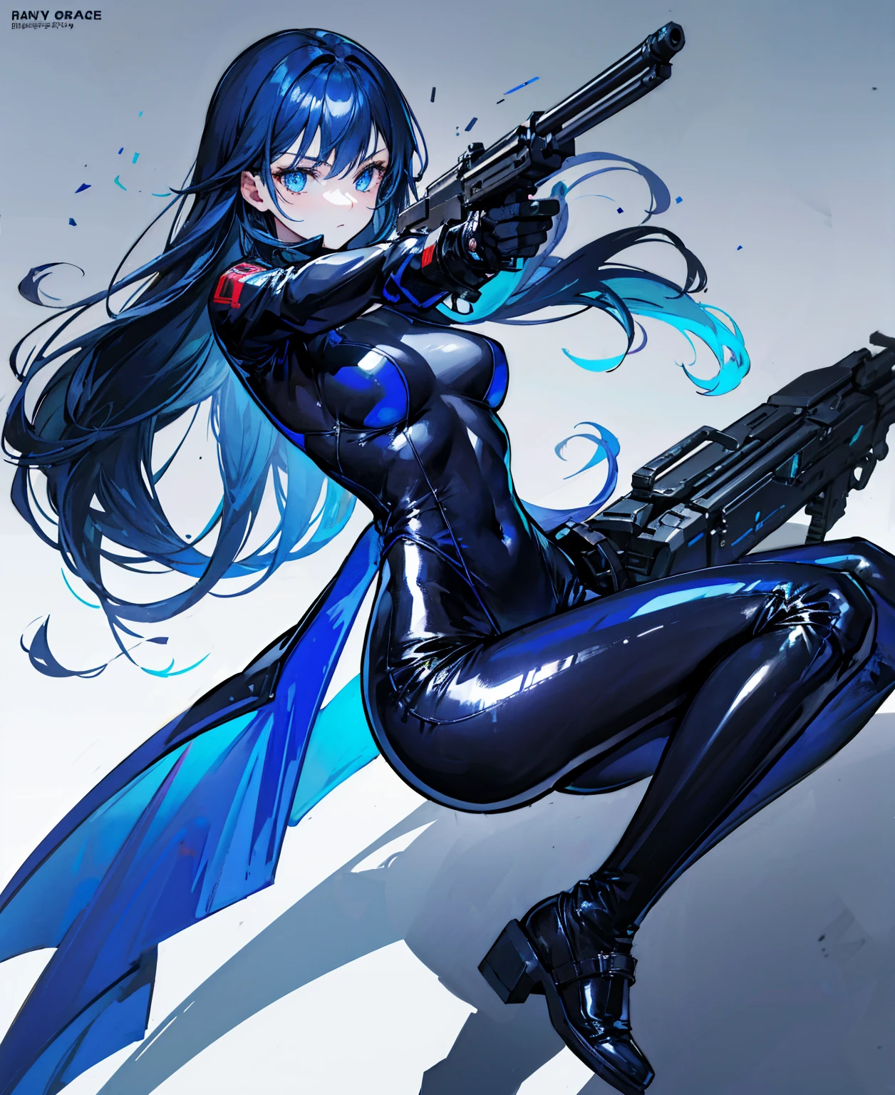 There is no background，girl，Carry a firearm，Patent leather tight suit，Use of firearms，Navy blue long hair，attention arousal，Blue colored eyes,No gradients