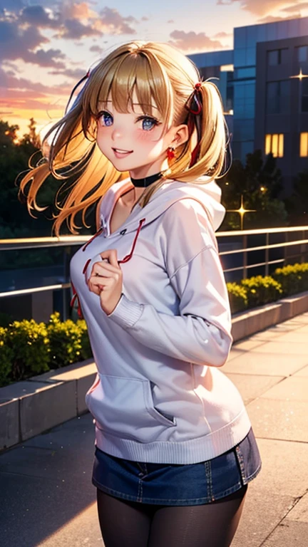 A girl is posing for a photo, cute***, Enchanting girl, 

(Blonde, Twin tails, blunt bangs, Red string ribbon), (Red eyes), 
(Black hoodie:1.4, Denim mini skirt, red headband)、(Black Pantyhose, Brown Loafers), Black choker、Red Gem Earrings、

(((highest quality)), ((masterpiece)), (Very detailed), (High resolution), (Beautiful detailed sparkle), (High detail), (Anatomically correct)), ((Realistic)), ((The best CG)), Ultra-detailed art, CG illustration, 16k, 1080P, Oil paints:1.2,   

(((One Woman))), 
(Symmetrical facial features, Perfect Face), Beautiful clavicle, (Beautiful fingers), (Beautiful breasts, (Ｃcup)), 
Beautiful body, Beautiful thighs, Beautiful feet, Perfect round butt, (((Detailed skin, Oily skin, Textured skin, Beautiful Skin))), 

(((Baby Face, cute, ************))), 
(Droopy eyes, Expression of fine eyes, Beautiful and delicate eyes, Sparkling eyes, Eye Reflexes), 
(Beautiful Nose,Thin Nose), 
(Glossy Lips, Beautiful Lips, thick lips), 

(Beautiful Hair, Shiny Hair, Shiny Hair), Hair fluttering), 

(smiley, laughing, blush),  
BREAK 

(evening、(The school road illuminated by the setting sun, A slope with a view of the cityscape)), ((Walking, Upward glance, Cowboy Shot))
