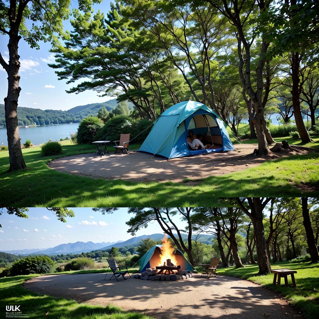 a serene outdoor camping scene, a picturesque landscape with lush green forests, a tranquil lake reflecting the surrounding nature, a cozy campfire with people gathered around, a tent nestled among the trees, a panoramic view of the mountains in the distance, a dog relaxing by the campfire, adventurous hikers exploring the wilderness, beautiful detailed eyes, beautiful detailed lips, extremely detailed eyes and face, long eyelashes, adventurous, peaceful, natural, (best quality,4k,8k,highres,masterpiece:1.2),ultra-detailed,(realistic,photorealistic,photo-realistic:1.37),HDR,UHM,studio lighting,ultra-fine painting,sharp focus,physically-based rendering,extreme detail description,professional,vivid colors,bokeh,landscape,nature,outdoors,camping,campfire,tent,forest,lake,mountains,adventure,exploration