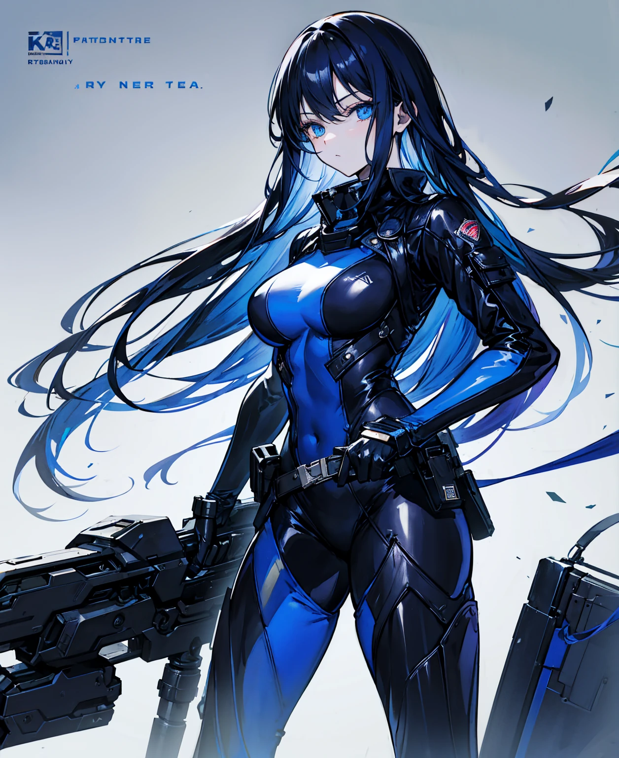 There is no background，girl，Carry a firearm，Patent leather tight suit，Use of firearms，Navy blue long hair，attention arousal，Blue colored eyes,No gradients