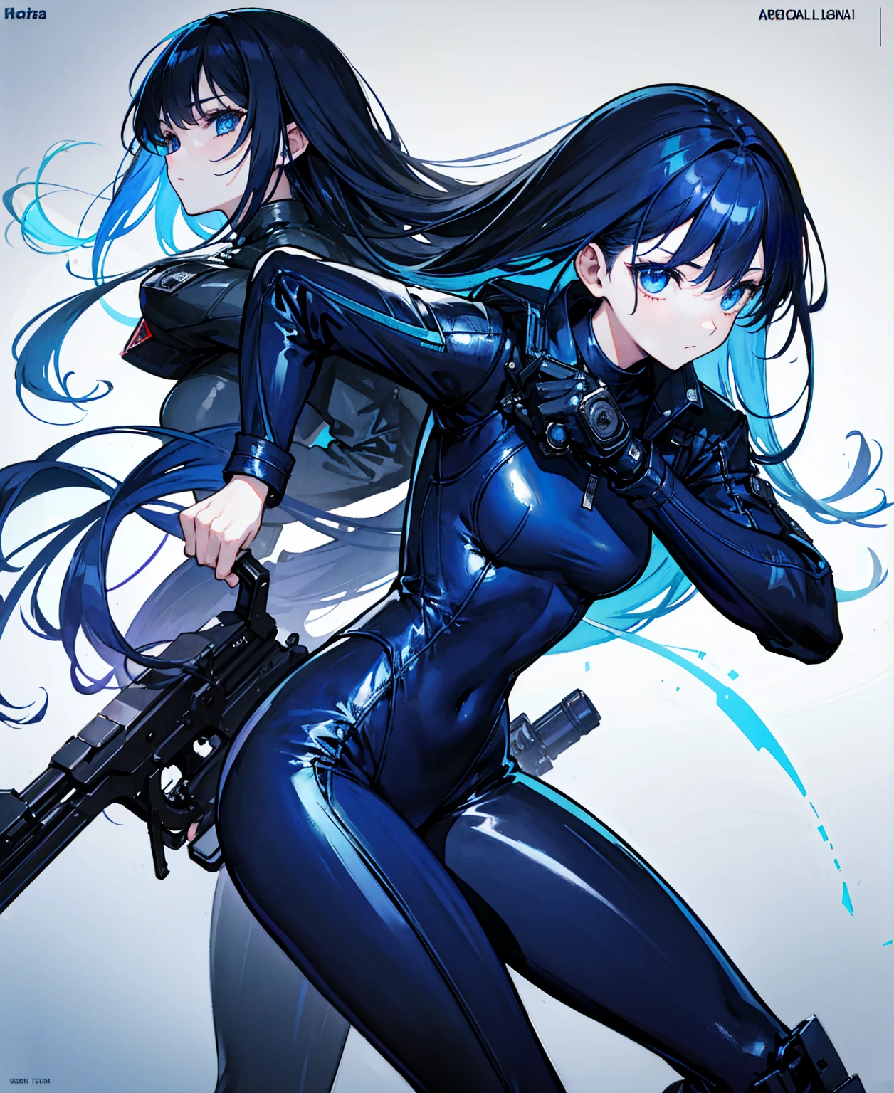 There is no background，girl，Carry a firearm，Patent leather tight suit，Use of firearms，Navy blue long hair，attention arousal，Blue colored eyes,No gradients