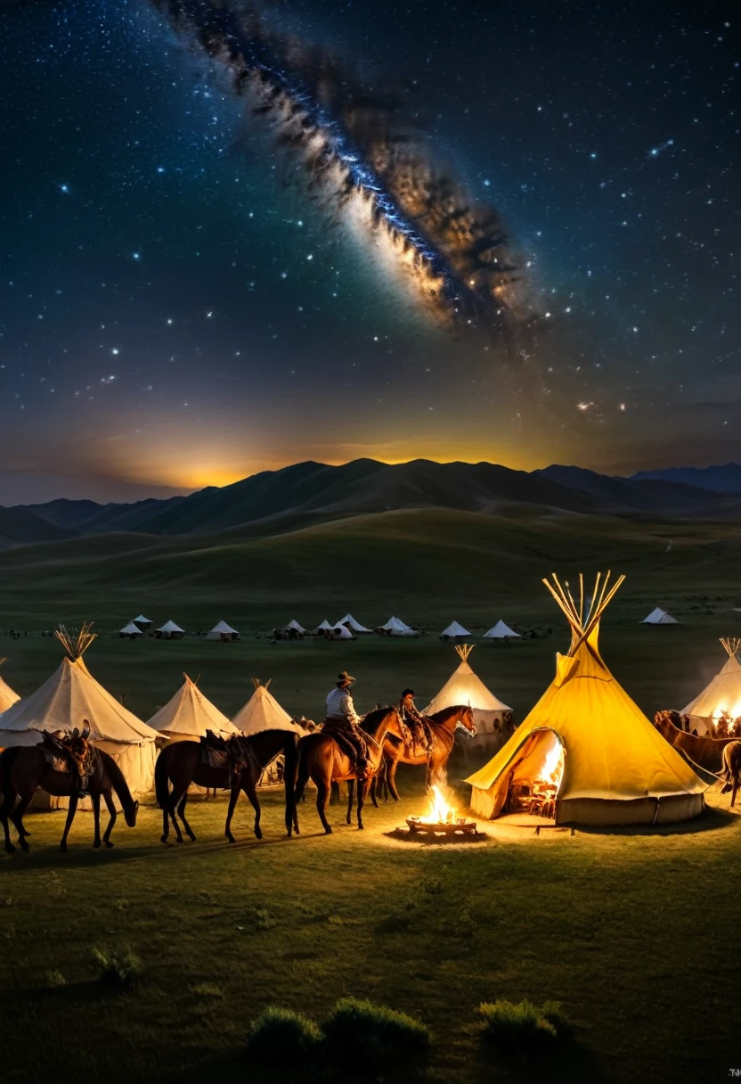 Horseback Journey on the Grassland, On the vast grasslands, tents accompany herdsmen's yurts, and campers ride horses to experience the nomadic lifestyle. At night, traditional bonfire banquets are held under the starry sky, (masterpiece, best quality, Professional, perfect composition, very aesthetic, absurdres, ultra-detailed, intricate details:1.3)
