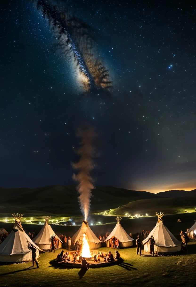 Horseback Journey on the Grassland, On the vast grasslands, tents accompany herdsmen's yurts, and campers ride horses to experience the nomadic lifestyle. At night, traditional bonfire banquets are held under the starry sky, (masterpiece, best quality, Professional, perfect composition, very aesthetic, absurdres, ultra-detailed, intricate details:1.3)