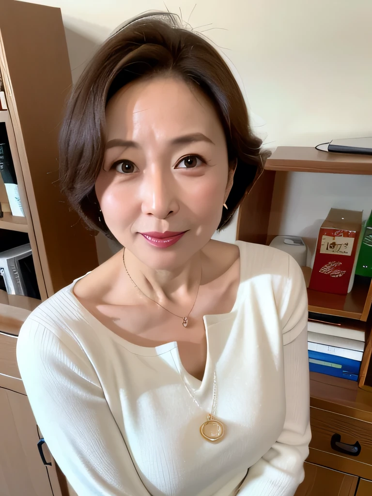 (highest quality, 8k, 32k, masterpiece, Ultra-high resolution:1.2),Beautiful Japanese Women Photos, (D cup breasts:1.4), Very short bob hair,Upper Body,Face Focus,(Light grey sweater:1.2),(Pearl Necklace:1.4), (A large library bookshelf in the background:1.3), From above, View your viewers,Bright smile,40 years old,Mature Woman,Big Ass,Emphasize the chest,