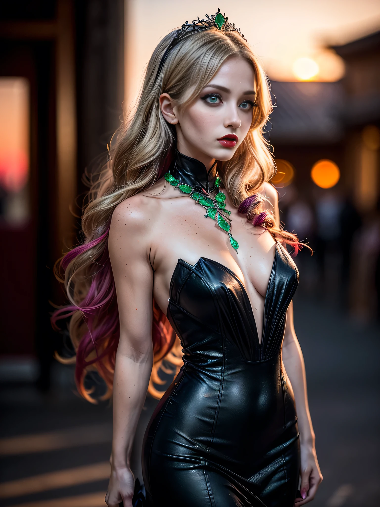 (masterpiece), (extremely intricate:1.3), (realistic), portrait of a muscular girl, ((((detailed woman, ((blackout gothic eye makeup, red lips, strong square cleft chin, arrogant, [flat chest:medium breasts:0.8]), diamond tiara, clear green eyes, long wavy [blonde hair:dark hair:0.5], hotpink black chinoiserie evening gown, tanned skin, very low neckline, cleavage, decolletage, side view:1.5)), emerald necklace)), freckles:1.0, professional lighting, photon mapping, radiosity, physically based rendering, ultra resolution, hyper-realistic), metal reflections, upper body, outdoors, intense sunlight, far away castle, professional photograph of a stunning woman detailed, sharp focus, dramatic, award winning, cinematic lighting, volumetrics dtx, (film grain, blurry background, blurry foreground, bokeh, depth of field, sunset, interaction, photorealistic:1.4), 8K