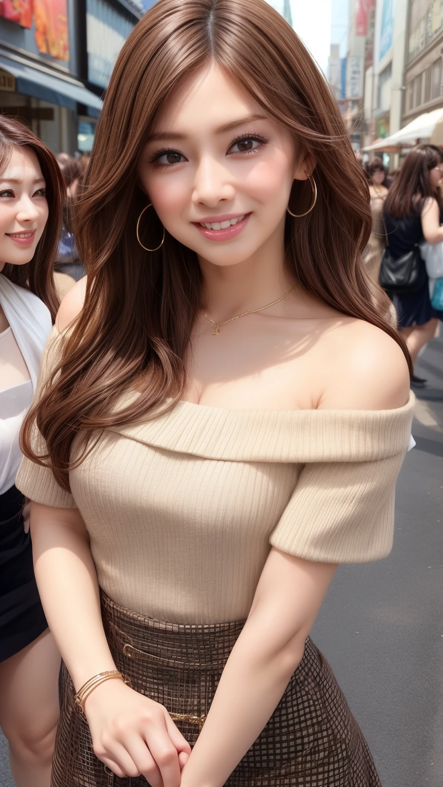 highest quality、Natural Lip、Fair skin、Great light、Beautiful lighting、((Brown Hair))、Off the shoulder、Big cleavage、Crop top、mini skirt、Gorgeous Accessories、Harajuku、smile、かわいいsmile、Crowds in the city