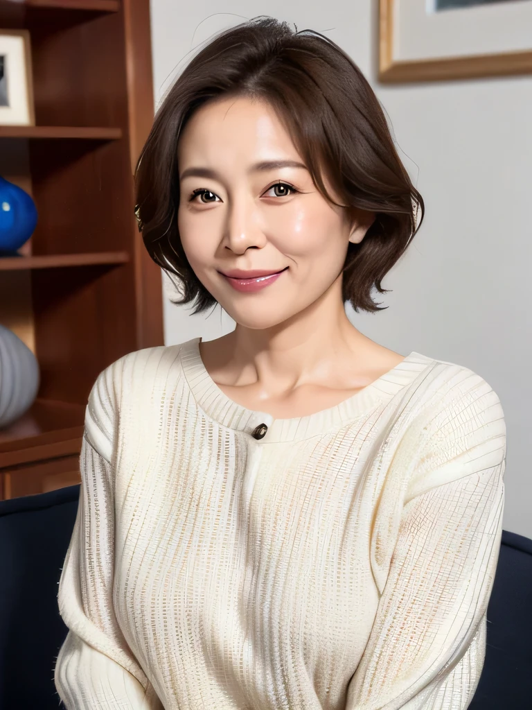 (highest quality, 8k, 32k, masterpiece, Ultra-high resolution:1.2),Beautiful Japanese Women Photos, (D cup breasts:1.4), Very short bob hair,Upper Body,Face Focus,(Light grey sweater:1.2), (A large library bookshelf in the background:1.3), From above, View your viewers,(Bright smile),40 years old,Mature Woman,Big Ass,Emphasize the chest,Mouth that laughed
