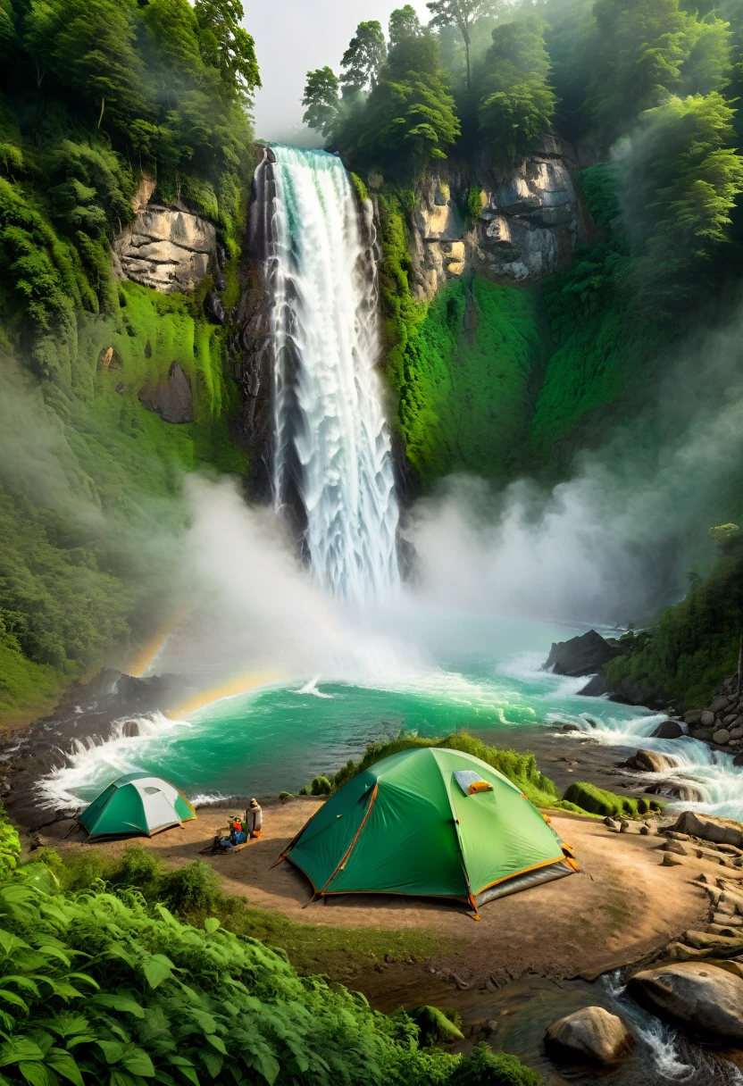 Fresh Camping by the Waterfall, Beside the spectacular waterfall, water vapor permeates, and the cool breeze carries away the summer heat. Campers fall asleep in the roar of the waterfall, and when they wake up, their eyes are full of emerald green and fresh, (masterpiece, best quality, Professional, perfect composition, very aesthetic, absurdres, ultra-detailed, intricate details:1.3)