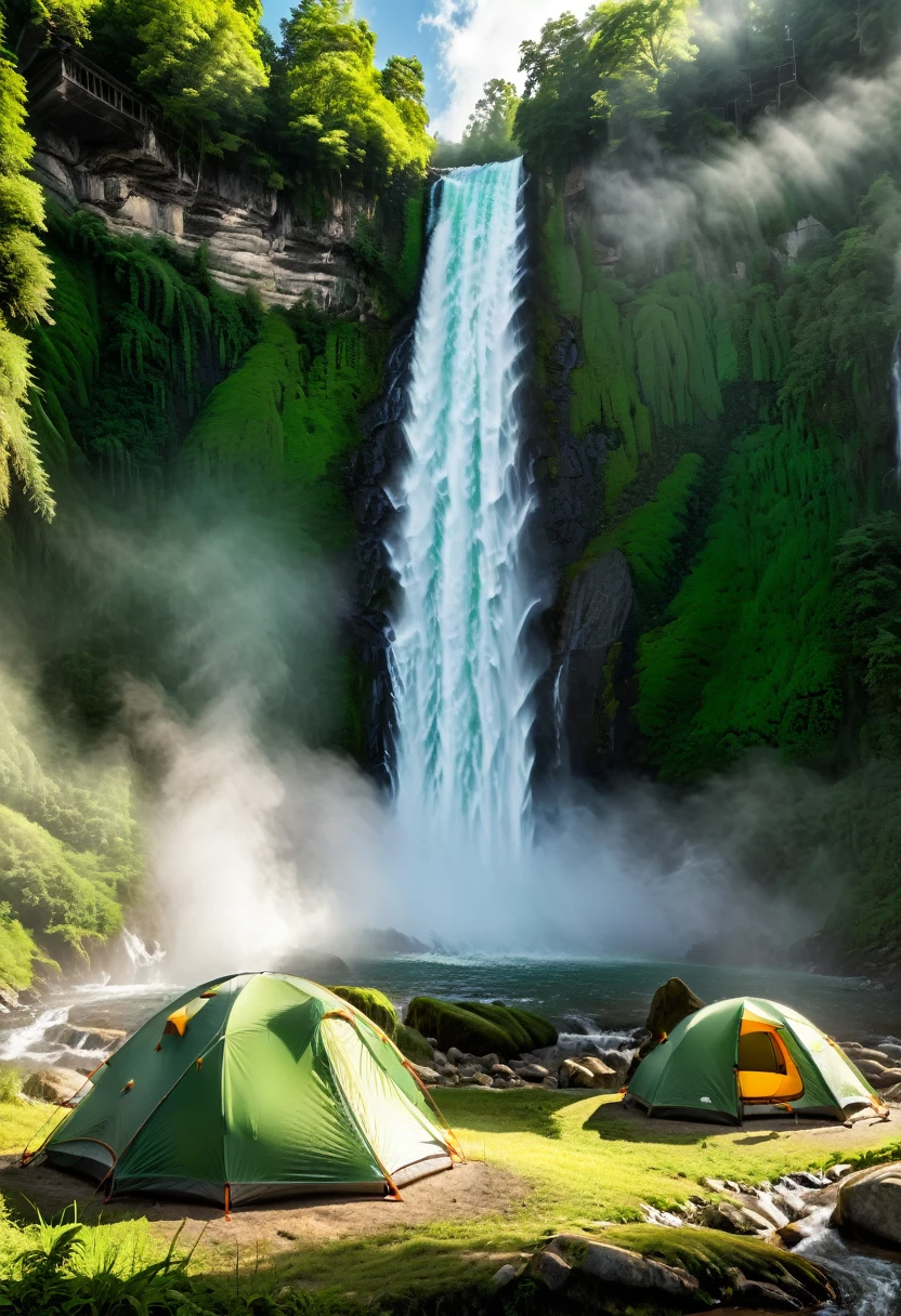 Fresh Camping by the Waterfall, Beside the spectacular waterfall, water vapor permeates, and the cool breeze carries away the summer heat. Campers fall asleep in the roar of the waterfall, and when they wake up, their eyes are full of emerald green and fresh, (masterpiece, best quality, Professional, perfect composition, very aesthetic, absurdres, ultra-detailed, intricate details:1.3)