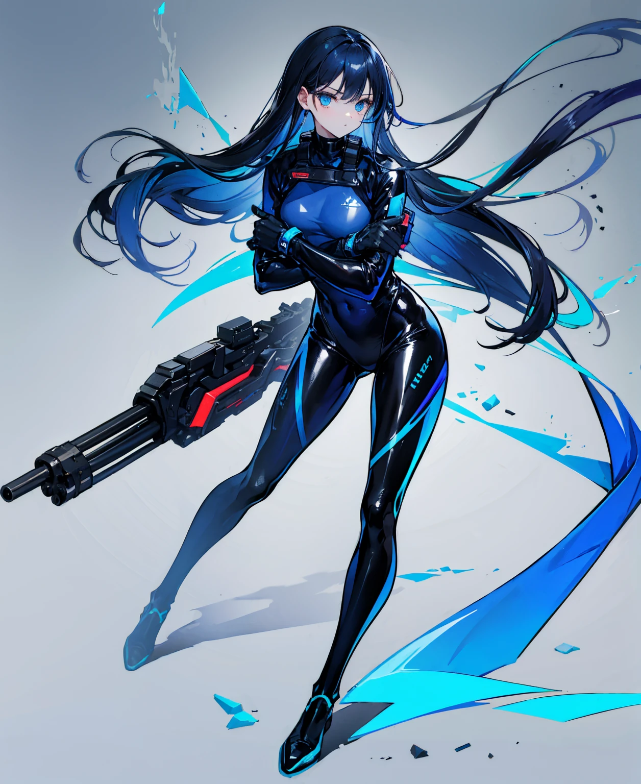 There is no background，girl，Carry a firearm，Patent leather tight suit，Use of firearms，Navy blue long hair，attention arousal，Blue colored eyes,No gradients