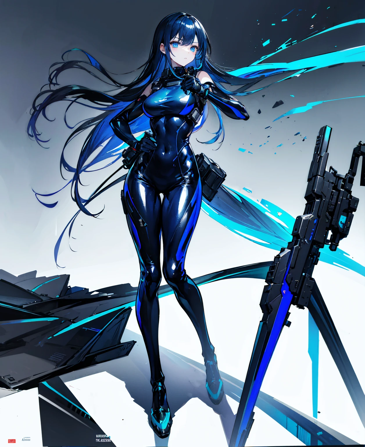 There is no background，girl，Carry a firearm，Patent leather tight suit，Use of firearms，Navy blue long hair，attention arousal，Blue colored eyes,No gradients