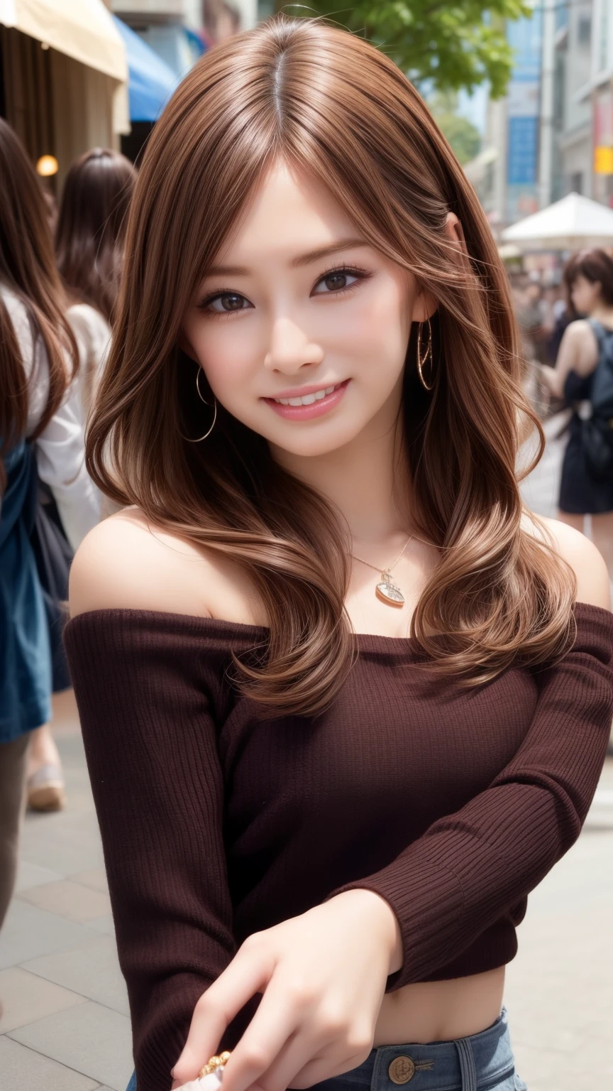 highest quality、Natural Lip、Fair skin、Great light、Beautiful lighting、((Brown Hair))、Off the shoulder、Big cleavage、Crop top、mini skirt、Gorgeous Accessories、Harajuku、smile、かわいいsmile、Crowds in the city
