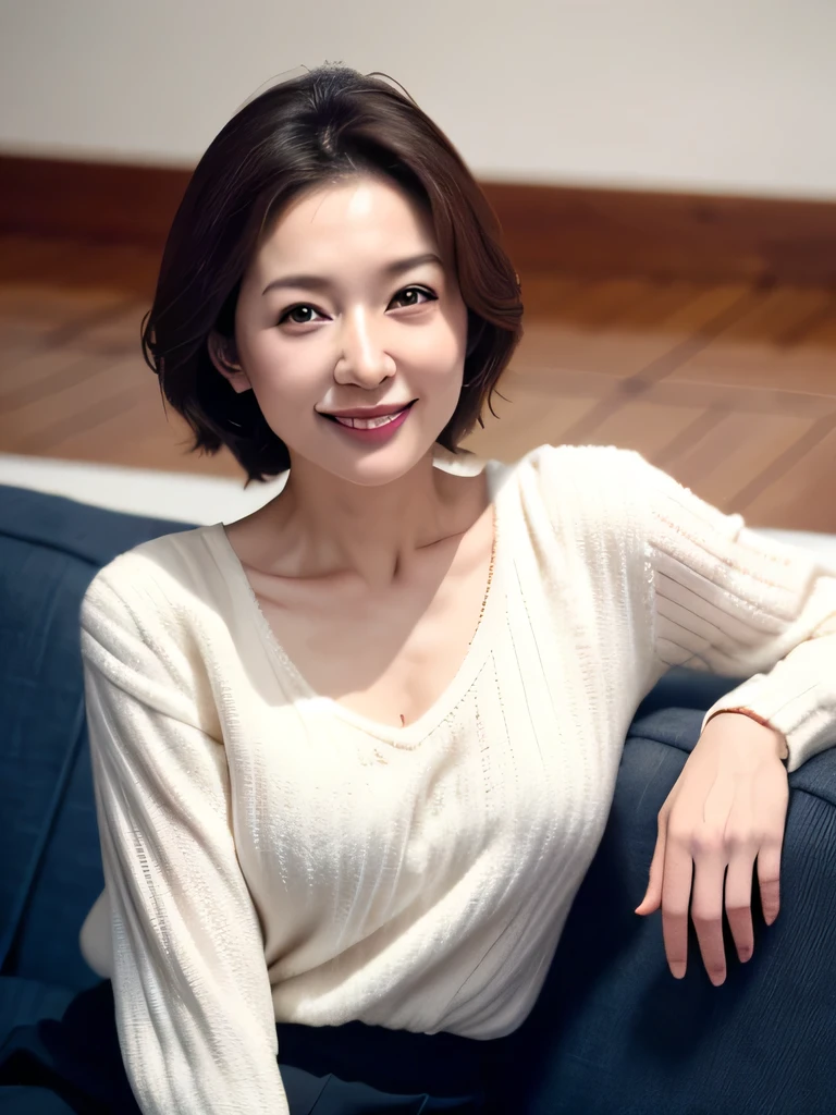 (highest quality, 8k, 32k, masterpiece, Ultra-high resolution:1.2),Beautiful Japanese Women Photos, （D cup breasts:1.4), Very short bob hair,Upper Body,Face Focus,（Light grey sweater：1.2）, （A large library bookshelf in the background:1.3), From above, View your viewers,（Bright smile）,40 years old,Mature Woman,Big Ass,Emphasize the chest,Show white teeth