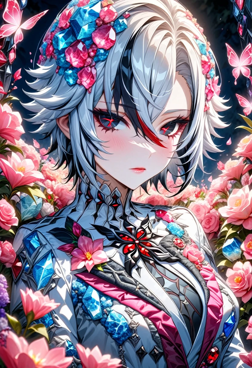 (absurdres, highres, ultra detailed, HDR) master piece, best quality, perfect face, Arlecchino, white hair, expressive red eyes, genshin impact, solo, woman, beautiful, pretty, white clothes, glass pink flowers, glass pink petals, glass pink butterflies, glass garden, glass blossoms, everything made with glass