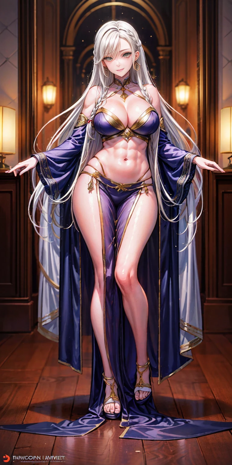 1girl full body standing, nice ass, Hairstyle with a braid, white colored hair, Yellow eyes, perfect lighting, muscular, thighs, mature woman, mummy, bellybutton, Abs, looks at the viewer (masterpiece, HI quality: 1.1) smile, Extremely huge breasts, Maternal, porcelain skin, extra very long hair, sparkly skin, good face, chest cover