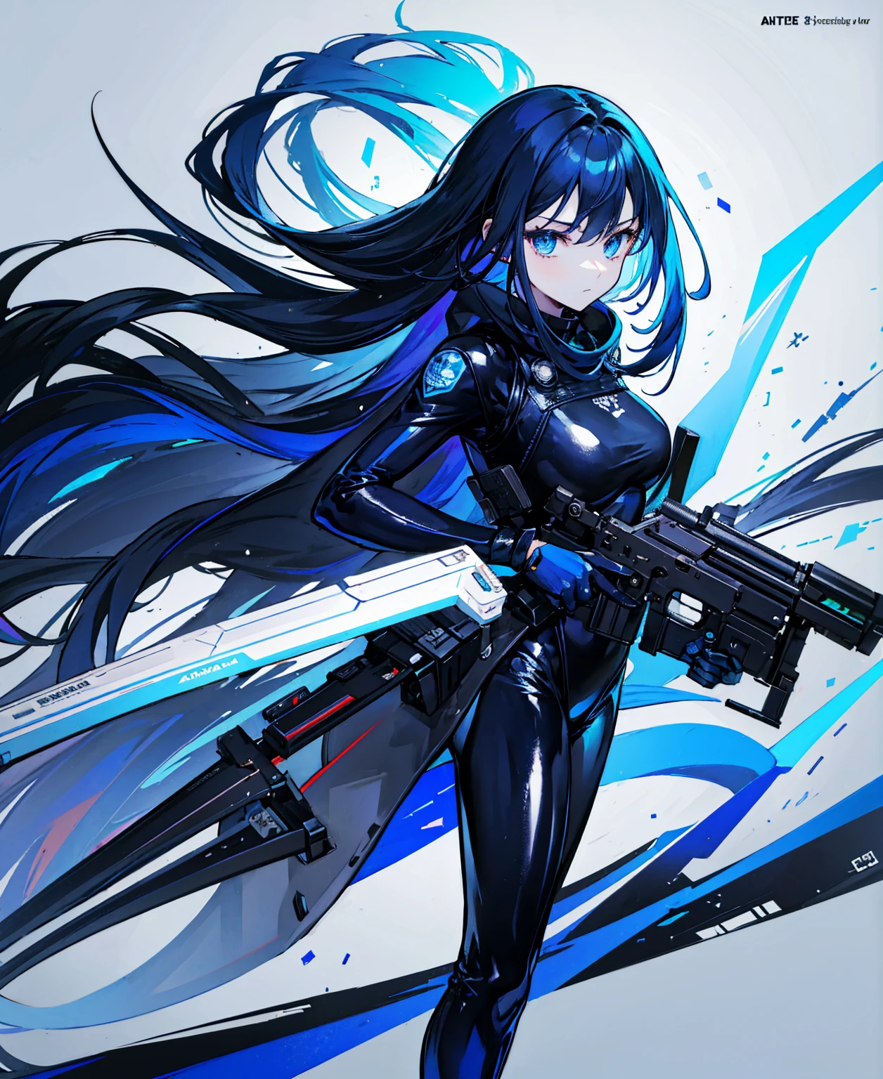 There is no background，girl，Carry a firearm，Patent leather tight suit，Use of firearms，Navy blue long hair，attention arousal，Blue colored eyes,No gradients