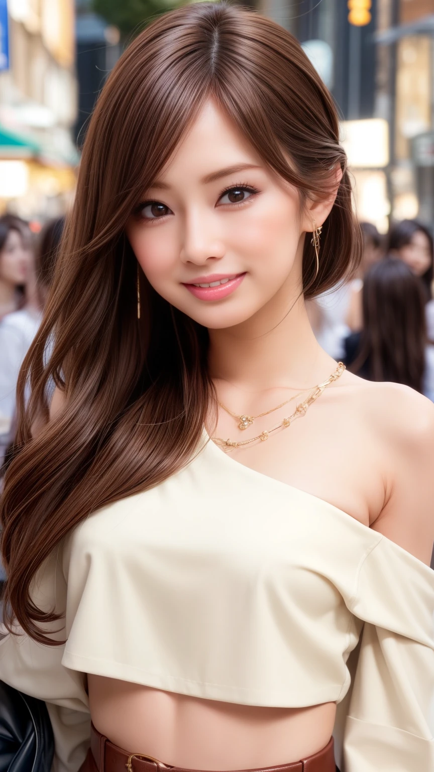 highest quality、Natural Lip、Fair skin、Great light、Beautiful lighting、((Brown Hair))、Off the shoulder、Big cleavage、Crop top、mini skirt、Gorgeous Accessories、Harajuku、smile、かわいいsmile、Crowds in the city