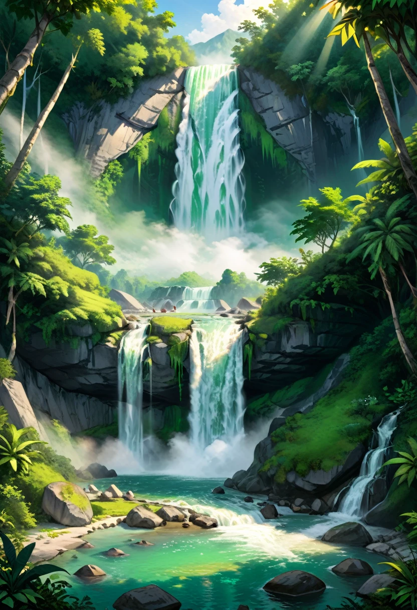 Fresh Camping by the Waterfall, Beside the spectacular waterfall, water vapor permeates, and the cool breeze carries away the summer heat. Campers fall asleep in the roar of the waterfall, and when they wake up, their eyes are full of emerald green and fresh, (masterpiece, best quality, Professional, perfect composition, very aesthetic, absurdres, ultra-detailed, intricate details:1.3)