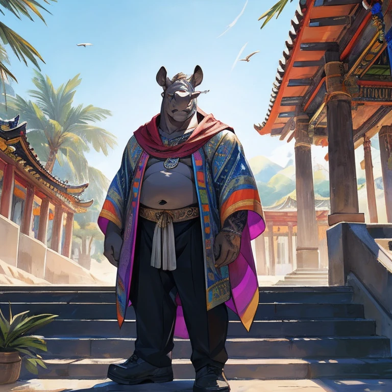 Fat male Rhinoceros, full sleeve colorful tattoos on both arms, torso covered in colorful tattoos, small ponytail, mid 40s, colorful poncho, temple staircase