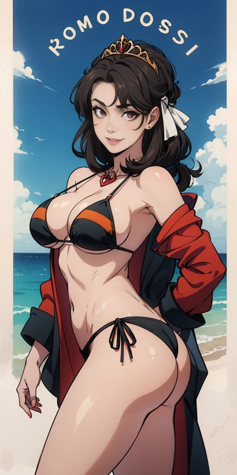 Dos muslos largos, ojos amarillos, pelo rubio, cabello corto, pechos grandes, mangas separadas, fondo muy blanco, Tiara real, capa larga, Bikini tigre amarillo, Tacones altos, manos en la cintura. Tatuaje rojo en el ombligo., MILF de cuerpo completo BIMBO, cara de sonrisa lujuriosa y sonriente (rubor rojo), hombros de metal, brazales dorados sin mangas, gargantilla negra