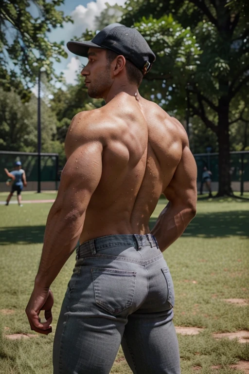 instagram photo, creative shot, fitness influencer gymgjock, very handsome, baseball cap ((catcher's cap)), gray jeans, show off, outside in the park, iluminated image, no Shadows, physique, superior arrogance, super buff and cool, he is like a muscled young god. ((Big butt)) (((Backside)))