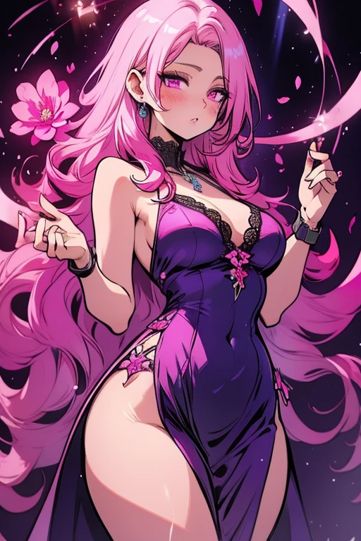 A pink haired woman with violet eyes with an hourglass figure wearing a violet lace dress is blushing in a flurry of peony petal