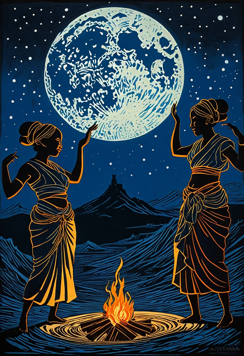 Dancing tribal women in silhouettes next to a crackling fire, toile de fond de pleine lune, atmosphère mystique, ombres profondes, couleurs vibrantes, style de gravure sur bois et linogravure, lignes complexes, Textured details, shadows cast by the glow of the moon, tenue tribale, poses dynamiques, cultural elements, ciel nocturne avec beaucoup deétoiles, éthérées et enchanteresses, palette de couleurs riche, Dramatic lighting, by a master of the art of linocut. By Katsushika Hokusai and Gustave Doré.
