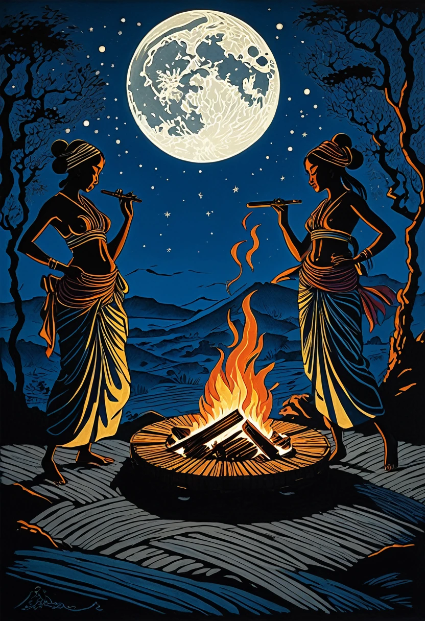 Dancing tribal women in silhouettes next to a crackling fire, toile de fond de pleine lune, atmosphère mystique, ombres profondes, couleurs vibrantes, style de gravure sur bois et linogravure, lignes complexes, Textured details, shadows cast by the glow of the moon, tenue tribale, poses dynamiques, cultural elements, ciel nocturne avec beaucoup deétoiles, éthérées et enchanteresses, palette de couleurs riche, Dramatic lighting, by a master of the art of linocut. By Katsushika Hokusai and Gustave Doré. 