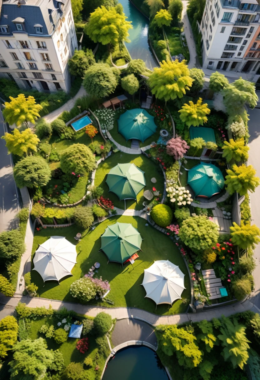 The Secret Garden on the Edge of the City, On the edge of a busy city, there is a quiet green space hidden, and small and exquisite tents scattered among the flowers, providing urban residents with a small world to escape the noise and get close to nature, (masterpiece, best quality, Professional, perfect composition, very aesthetic, absurdres, ultra-detailed, intricate details:1.3)