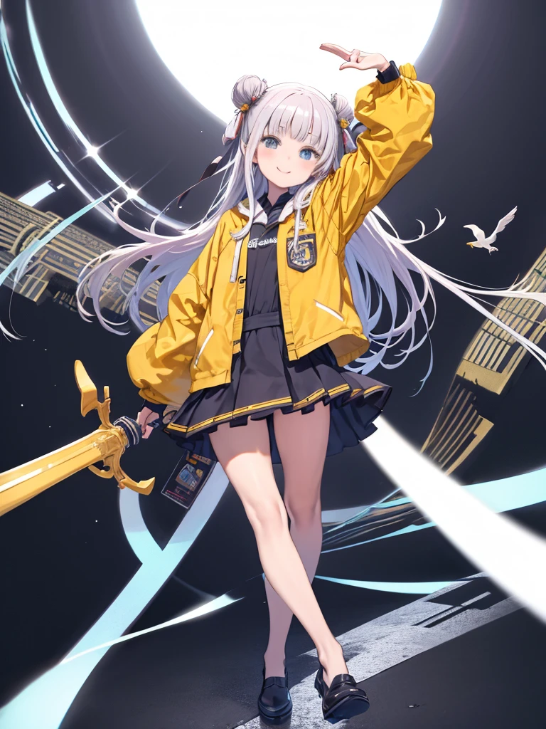 Iono 1, Long Hair, Yellow Jacket, Long sleeve, hair ornaments, Standing on one leg, Tilt your head, smile, masterpiece, highest quality, High resolution, Nice hands, Perfect hands、ピンクの髪とYellow Jacketを着て青い鳥を抱いているアニメの女の子