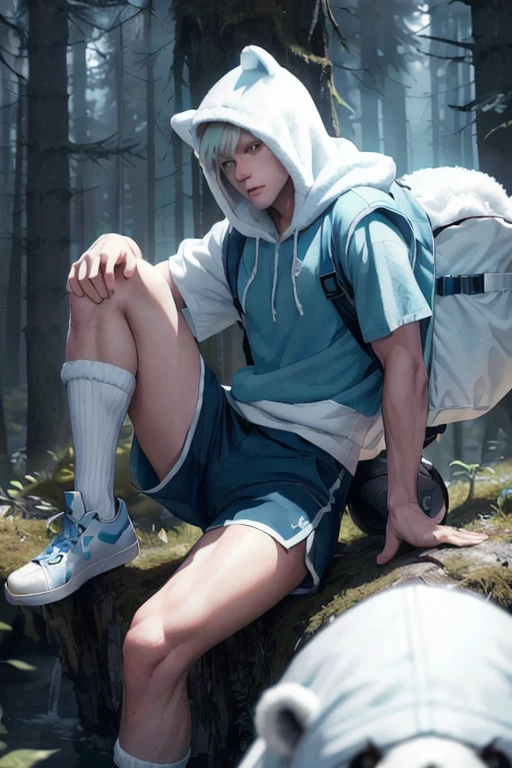 Masterpiece, Ultra realistic, high quality, 16k, Alone, adventure time, Finn (the human), furry white hood (over the head) with polar bear ears, a fringe appearing on his forehead showing that his hair is pale-blonde, blue eyes, tanned white skin (with freckles on the skin), heterochromia eyes, green backpack, faded blue shirt, long dark blue shorts, knee pads, black sneakers, fantasy aesthetic, dream atmosphere, high quality, 1 boy, different heroic poses, fantasy forest background, blurred background, depth of field, dreamlike atmosphere, vintage aesthetic,