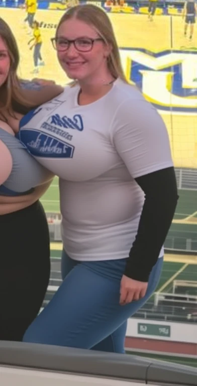 women standing in a stadium with a man holding a baseball bat, wearing a volleyball jersey, blue tight tshirt, hands not visible, haze over the shoulder shot, low quality grainy, grainy low quality, distant full body shot, wearing a muscle tee shirt, arms crossed on chest, taken in the early 2020s, zoomed out shot, Big tits, huge tits, no clothes, sexy, cute, wide hips, thick thighs, pear-shaped body, minimal clothes, thick, bbw, chubby stomach, thick nipples, nipple piercings, large areola, hard nipples, piercing through shirt, nipples hard through shirt, busty, major cleavage, naked, ripping through top, spilling over sides, bra too tight, giant , extra wide hips, side boob, from side, ass profile from side, huge ass, upper body zoom, facing right, from above, body facing right, naked