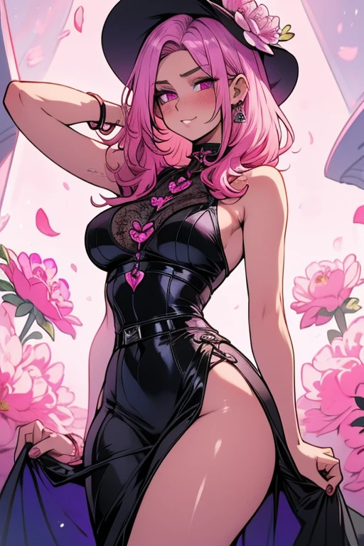 masterpiece, best quality, 21 years old, older woman, A pink haired woman with violet eyes with an hourglass figure wearing a violet lace dress is blushing in a flurry of peony petal