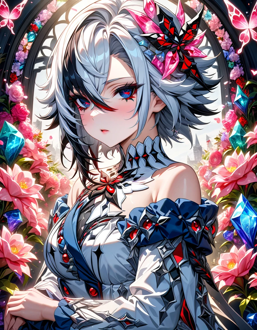 (absurdres, highres, ultra detailed, HDR) master piece, best quality, perfect face, Arlecchino, white hair, expressive dark blue eyes, red x in the eyes, genshin impact, solo, woman, beautiful, pretty, white clothes, glass pink flowers, glass pink petals, glass pink butterflies, glass garden, glass blossoms, everything made with glass