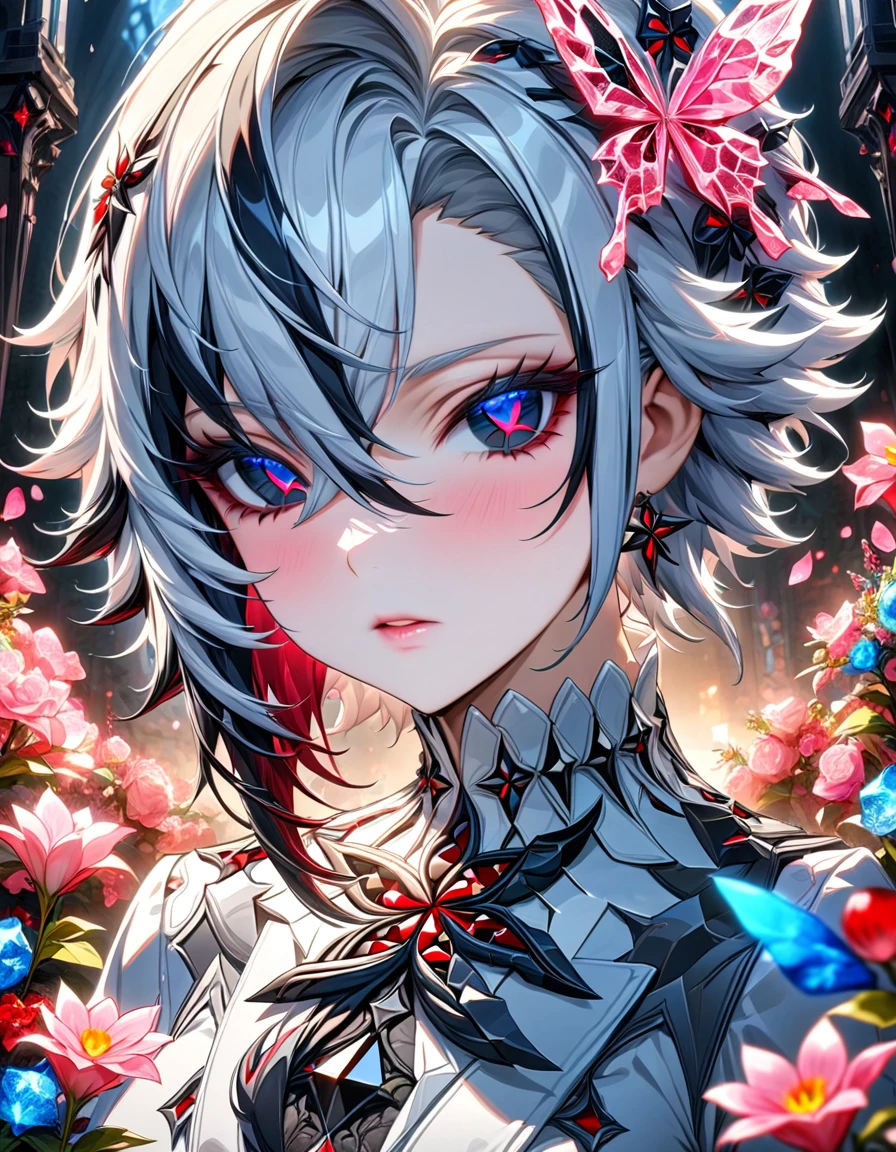 (absurdres, highres, ultra detailed, HDR) master piece, best quality, perfect face, Arlecchino, white hair, expressive dark blue eyes, red x in the eyes, genshin impact, solo, woman, beautiful, pretty, white clothes, glass pink flowers, glass pink petals, glass pink butterflies, glass garden, glass blossoms, everything made with glass