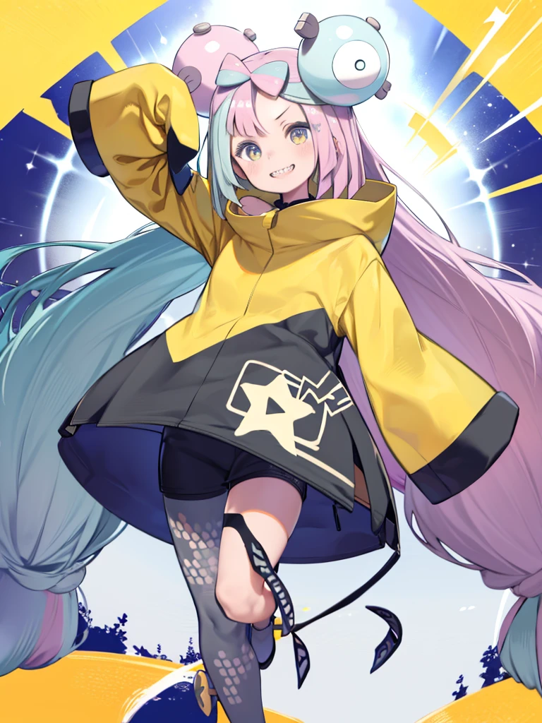 Iono 1, Long Hair, Yellow Jacket, Long sleeve, hair ornaments, Standing on one leg, Tilt your head, smile, masterpiece, highest quality, High resolution, Nice hands, Perfect hands、ピンクの髪とYellow Jacketを着て青い鳥を抱いているアニメの女の子、iono1, long hair, yellow jacket, long sleeves, hair ornament
