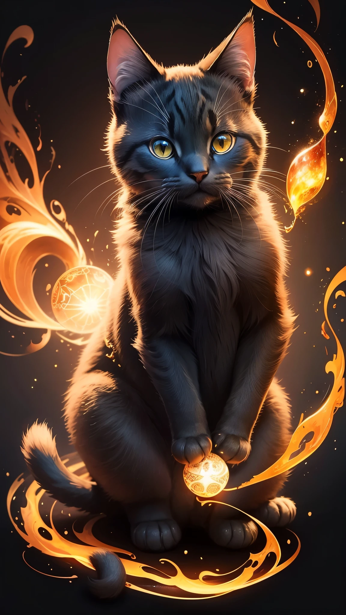 Colorful cat drawing on a black background,, Breathtaking Rendering, In a shining connection, Inspired by Kinuko Y. Crafting,, Magical Elements, Kitten Icon, oh, Is beautiful, Cast a variety of spells, bright flash, flash