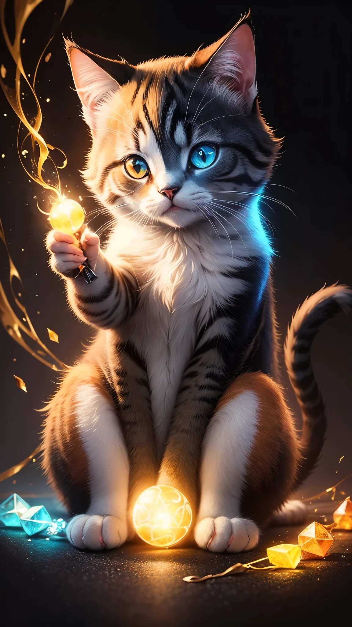 Colorful cat drawing on a black background,, Breathtaking Rendering, In a shining connection, Inspired by Kinuko Y. Crafting,, Magical Elements, Kitten Icon, oh, Is beautiful, Cast a variety of spells, bright flash, flash  