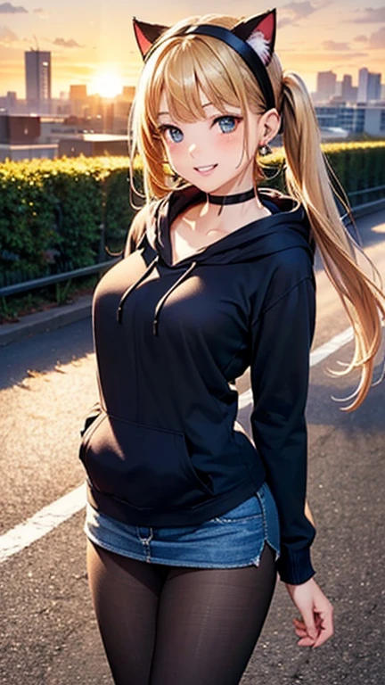 A girl is posing for a photo, cute***, Enchanting girl, 

(Blonde, Twin tails, blunt bangs, Red string ribbon), (Red eyes), 
(Black hoodie:1.4, Cat ear hoodie, Wearing a hood, Denim mini skirt, red headband)、(Black Pantyhose, Brown Loafers), Black choker、Red Gem Earrings、

(((highest quality)), ((masterpiece)), (Very detailed), (High resolution), (Beautiful detailed sparkle), (High detail), (Anatomically correct)), ((Realistic)), ((The best CG)), Ultra-detailed art, CG illustration, 16k, 1080P, Oil paints:1.2,   

(((One Woman))), 
(Symmetrical facial features, Perfect Face), Beautiful clavicle, (Beautiful fingers), (Beautiful breasts, (Ｃcup)), 
Beautiful body, Beautiful thighs, Beautiful feet, Perfect round butt, (((Detailed skin, Oily skin, Textured skin, Beautiful Skin))), 

(((Baby Face, cute, ************))), 
(Droopy eyes, Expression of fine eyes, Beautiful and delicate eyes, Sparkling eyes, Eye Reflexes), 
(Beautiful Nose,Thin Nose), 
(Glossy Lips, Beautiful Lips, thick lips), 

(Beautiful Hair, Shiny Hair, Shiny Hair), Hair fluttering), 

(smiley, laughing, blush),  
BREAK 

(evening、(The school road illuminated by the setting sun, A slope with a view of the cityscape)), ((Walking, Upward glance, Cowboy Shot))
