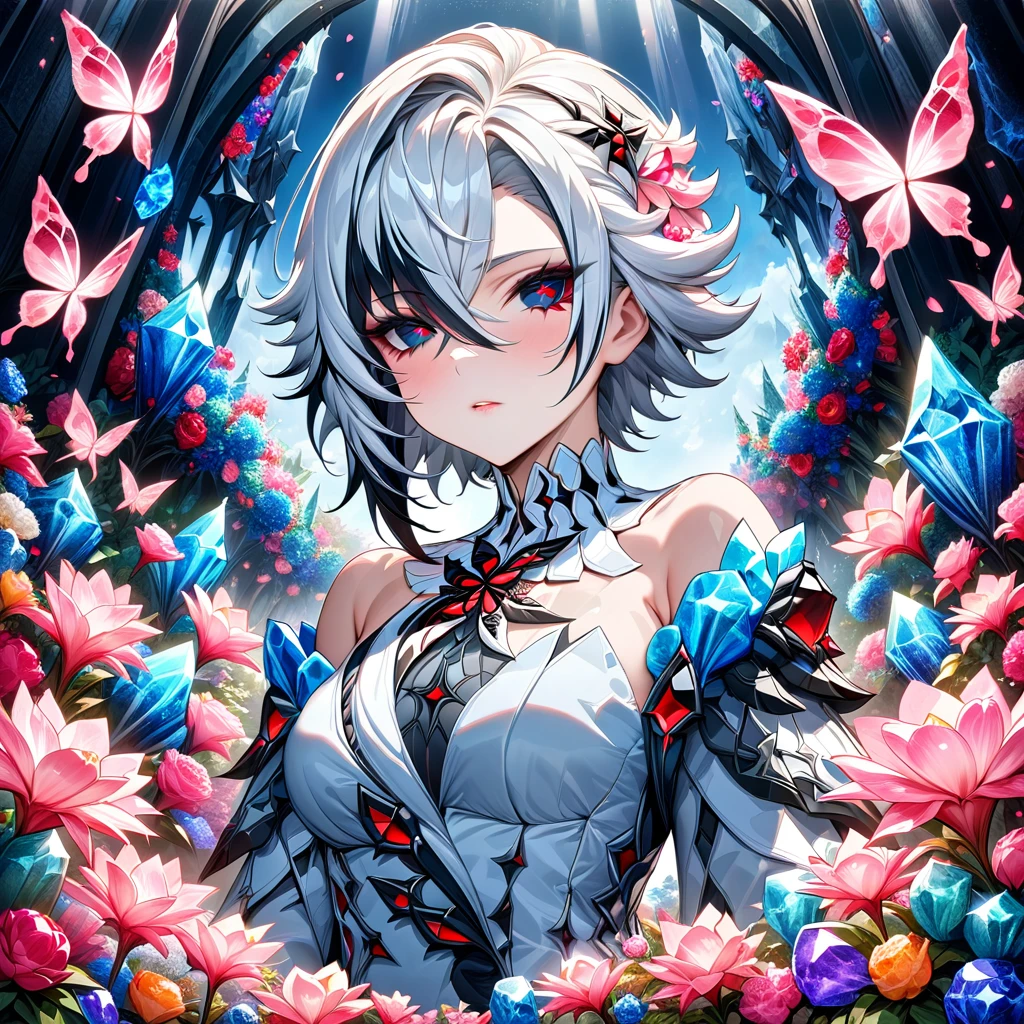 (absurdres, highres, ultra detailed, HDR) master piece, best quality, perfect face, Arlecchino, white hair, expressive dark blue eyes, red x in the eyes, genshin impact, solo, woman, beautiful, pretty, white clothes, glass pink flowers, glass pink petals, glass pink butterflies, glass garden, glass blossoms, everything made with glass