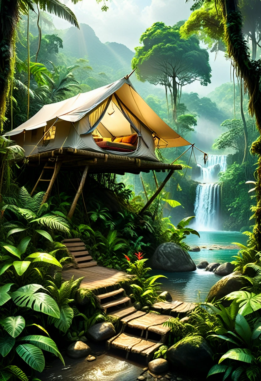 Rainforest Exploration Base, In the heart of tropical rainforests, campers set up elevated tents to avoid damp ground and wildlife. During the day, they shuttle through the dense jungle, while at night they listen to the symphony of life around them, (masterpiece, best quality, Professional, perfect composition, very aesthetic, absurdres, ultra-detailed, intricate details:1.3)