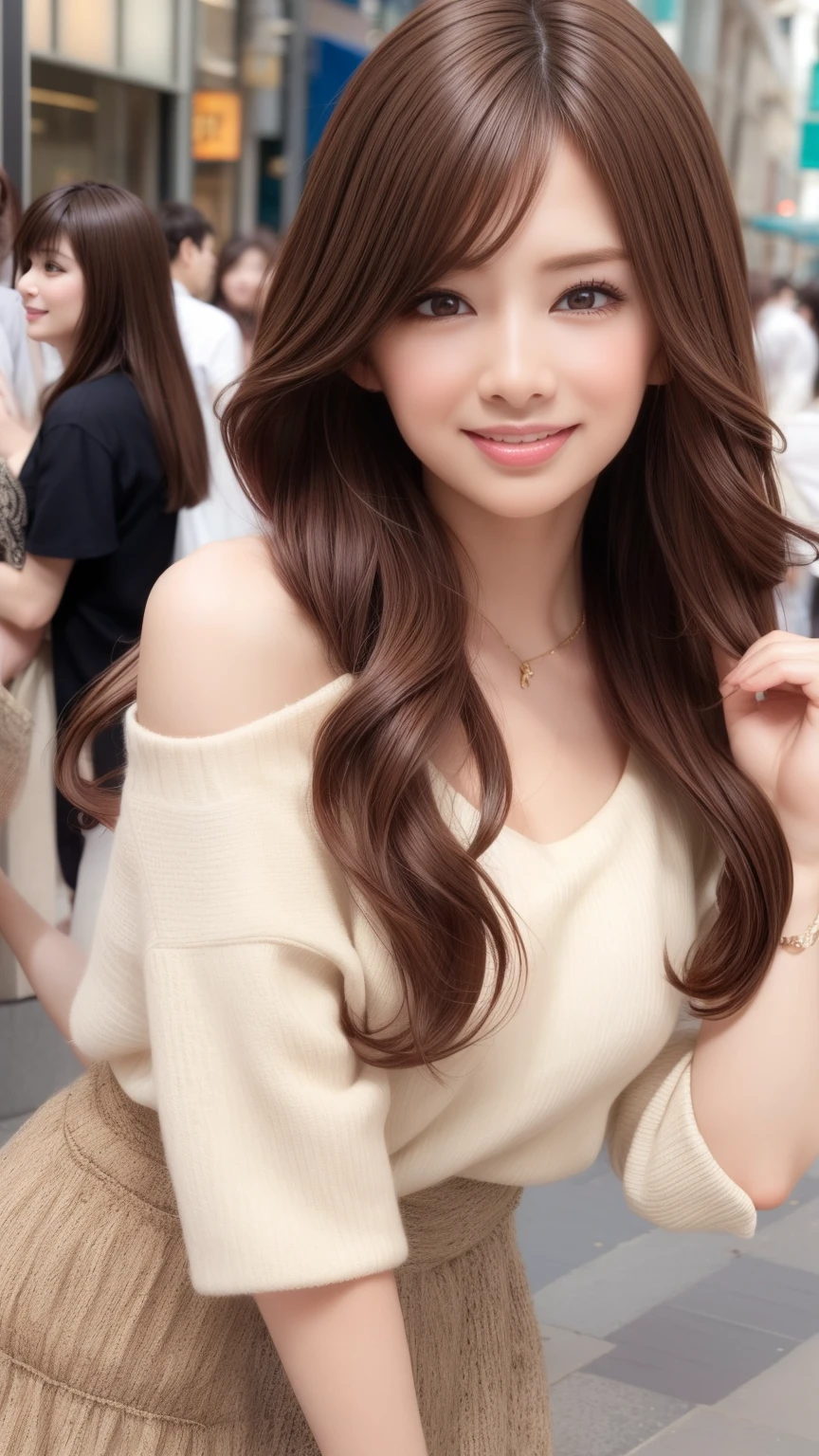 highest quality、Natural Lip、Fair skin、Great light、Beautiful lighting、((Brown Hair))、Parted bangs、Off the shoulder、Big cleavage、T-Shirtini skirt、Gorgeous Accessories、Harajuku、smile、かわいいsmile、Crowds in the city