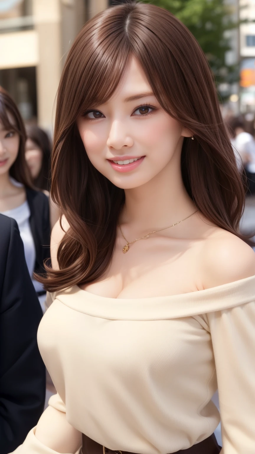 highest quality、Natural Lip、Fair skin、Great light、Beautiful lighting、((Brown Hair))、Parted bangs、Off the shoulder、Big cleavage、T-Shirtini skirt、Gorgeous Accessories、Harajuku、smile、かわいいsmile、Crowds in the city