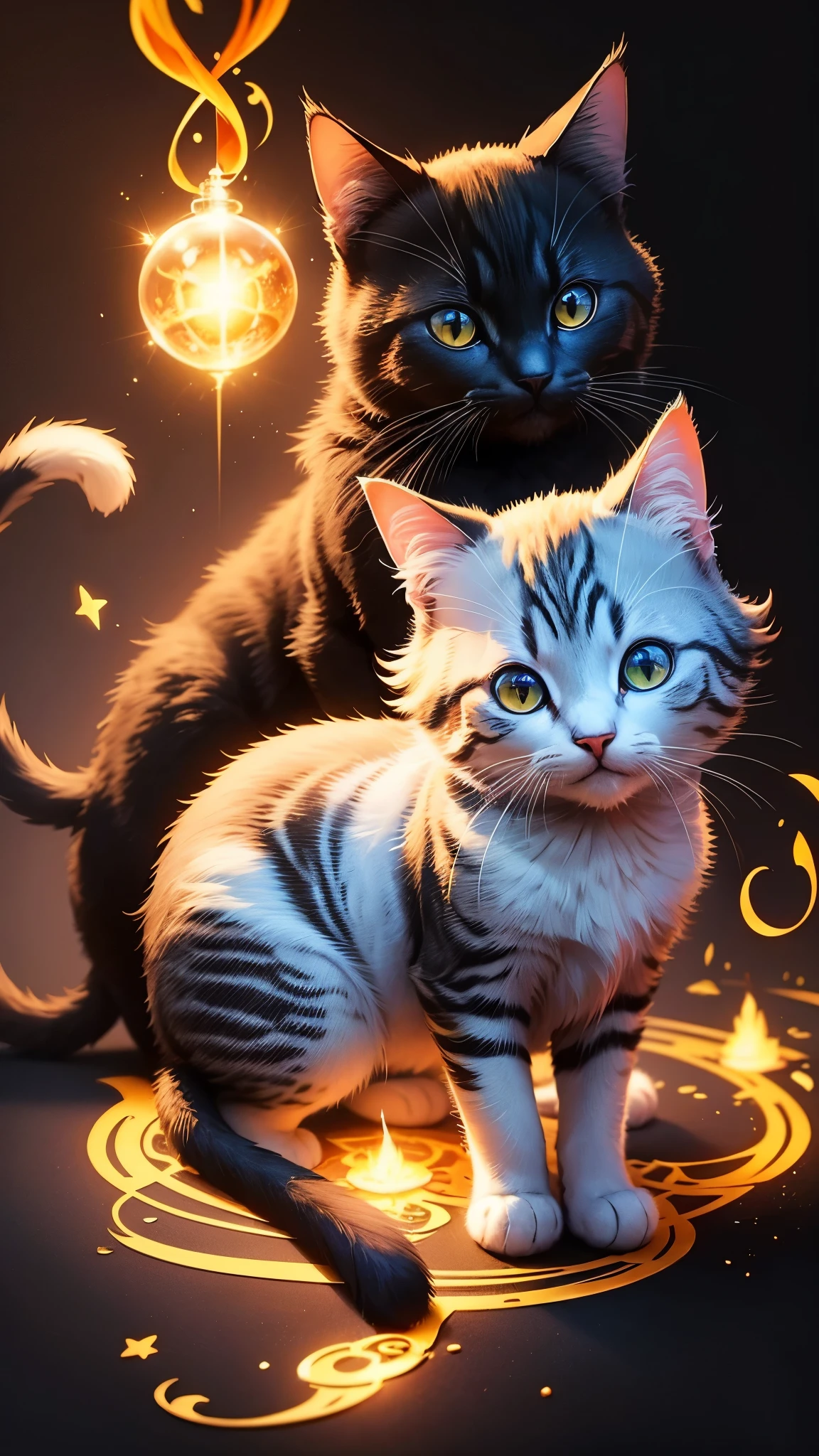Colorful cat drawing on a black background,, Breathtaking Rendering, In a shining connection, Inspired by Kinuko Y. Crafting,, Magical Elements, Kitten Icon, oh, Is beautiful, Cast a variety of spells, bright flash, flash  