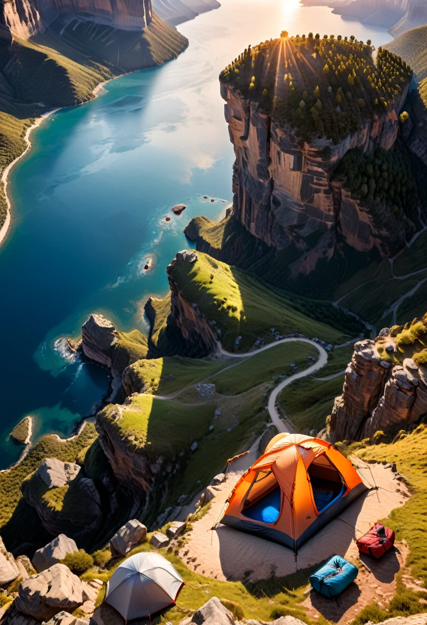 Extreme Camping on Cliffs, Brave campers choose to set up tents on the edge of cliffs and use professional equipment to ensure safety. Here, you can overlook the magnificent scenery of the canyon and feel the excitement and tranquility of isolation from the world, (masterpiece, best quality, Professional, perfect composition, very aesthetic, absurdres, ultra-detailed, intricate details:1.3)