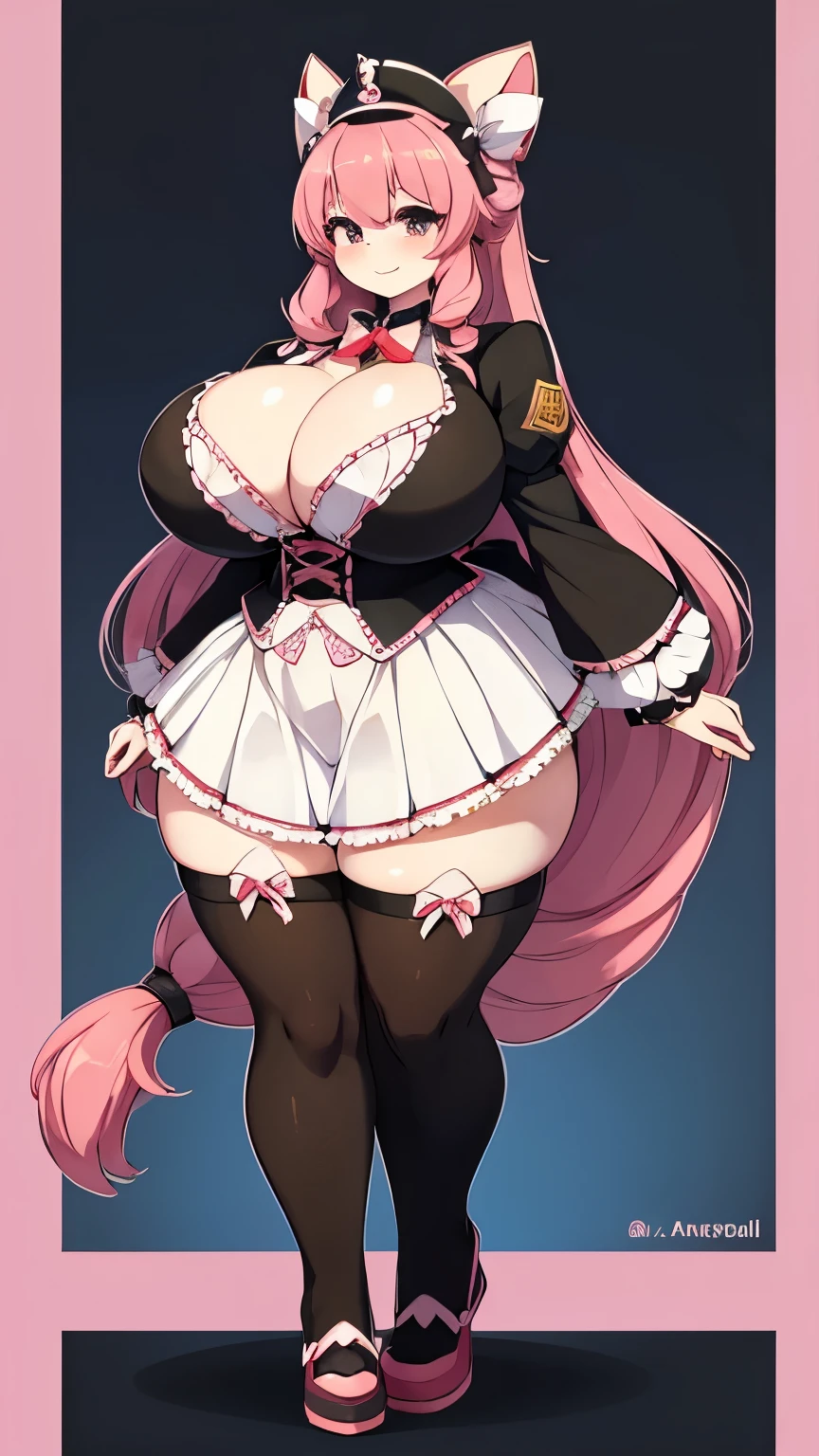 furry woman with ultra large breasts, full body, wide hips, cute monstric kawai girl, tail, very big fat body, cyber, tall, ta fashion Pokemon trainer, sweet and elaborate, military chic clothing style